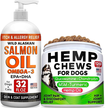 All-Natural Hemp Chews And Glucosamine For Dogs + Salmon Oil Omega 3 For Dogs - Advanced Hip & Joint Supplement + 32Oz Fish Oil - Allergy Relief - Itch Relief, Shedding - Skin And Coat Supplement