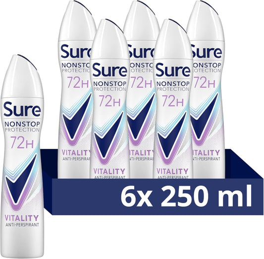 Sure Nonstop Protection Vitality Anti-Perspirant Aerosol Women'S Deodorant Spray With Body Heat Activated Tech. And A Coconut & Lotus Flower Scent For 72 Hour Odour And Sweat Protection 6X 250 Ml