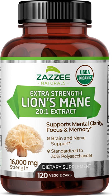 Zazzee Usda Organic Lion'S Mane 20:1 Extract, 16,000 Mg Strength, 30% Polysaccharides, 120 Vegan Capsules, 60 Day Supply, Standardized And Concentrated 20X Extract, All-Natural And Non-Gmo