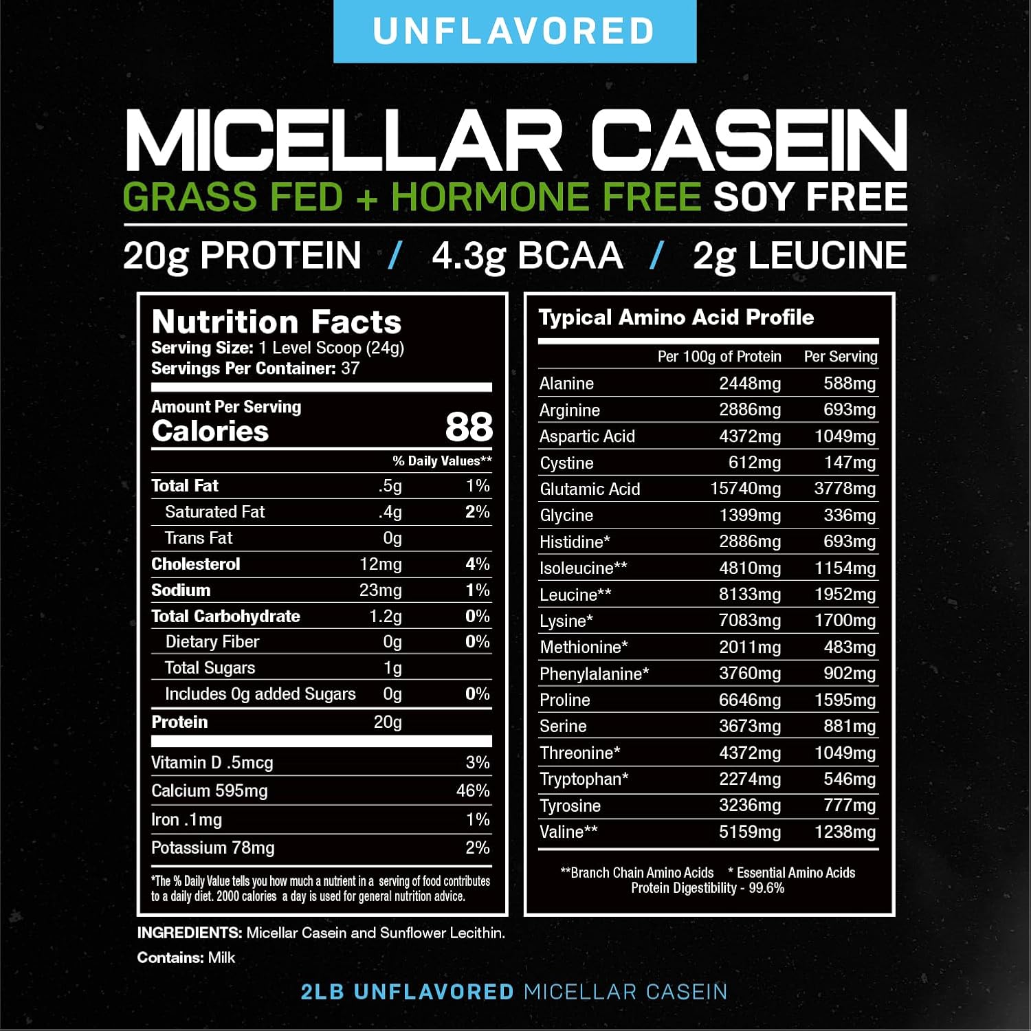 Muscle Feast Micellar Casein Protein, All Natural Pasture Raised Hormone Free Soy Free, Unflavored, 2lb : Health & Household