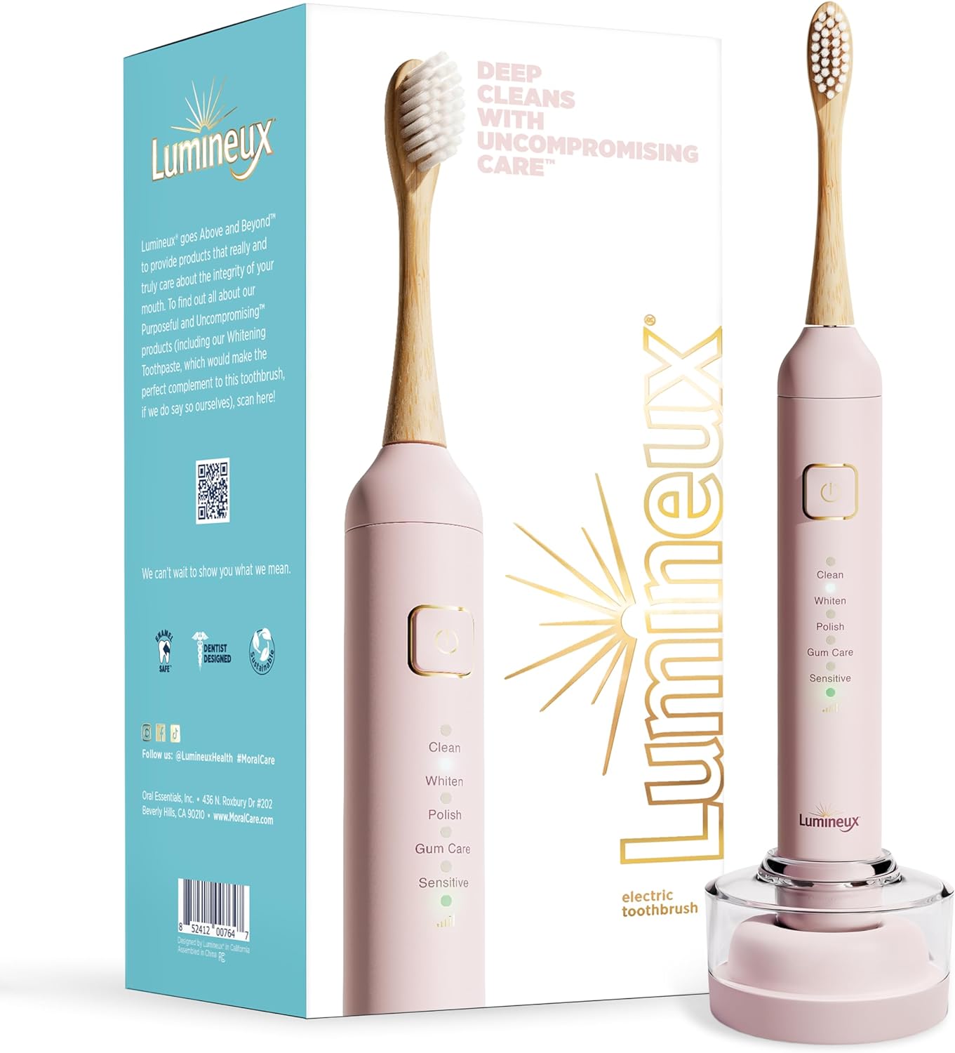 Lumineux Sonic Electric Toothbrush for Adults - Bamboo Heads - in Bloom (Pink) - Includes 2 Super Soft Bristle Bamboo Tooth Brush Heads, Charging Station & USB Charge Cord - Rechargeable