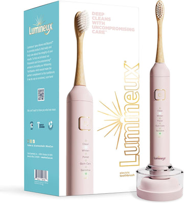 Lumineux Sonic Electric Toothbrush for Adults - Bamboo Heads - in Bloom (Pink) - Includes 2 Super Soft Bristle Bamboo Tooth Brush Heads, Charging Station & USB Charge Cord - Rechargeable