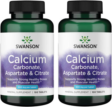 Swanson Calcium (Carbonate Aspartate & Citrate) 500 Milligrams 100 Tabs (2 Pack)