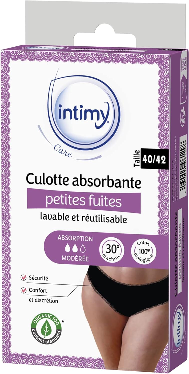 Intimy Care Small Leakage Lace Panties - Moderate Absorption - 95% Organic Cotton - Washable & Reusable - Size 40/42 Black