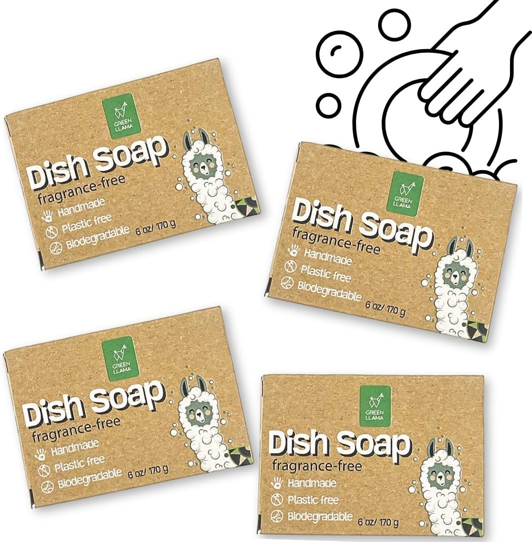 Natural Dish Soap Bars - 4-Pack, Coconut Oil-Based, Fragrance-Free, Biodegradable Kitchen Soap | Eco-Friendly, Non-Toxic, Handmade Solid Dishwashing & Dishwasher Cleaner
