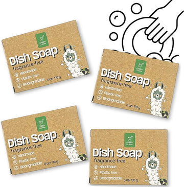 Natural Dish Soap Bars - 4-Pack, Coconut Oil-Based, Fragrance-Free, Biodegradable Kitchen Soap | Eco-Friendly, Non-Toxic, Handmade Solid Dishwashing & Dishwasher Cleaner