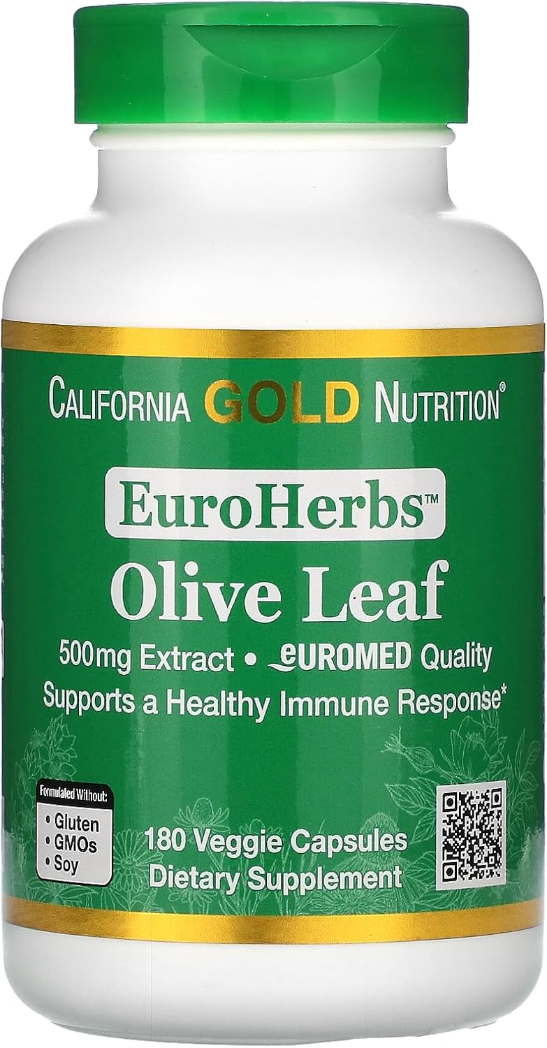 Olive Leaf Extract 500 Mg, 18% Oleuropein, European Quality Processed In Spain, 180 Veggie Capsules, California Gold Nutrition Euroherbs