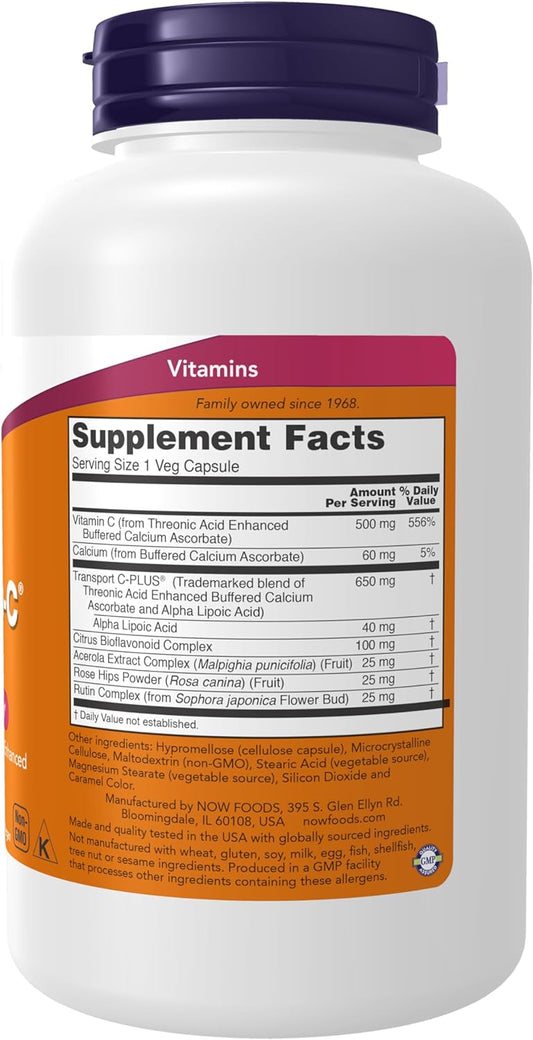 NOW Supplements, AlphaSorb-C™ 500 mg with Threonic Acid & Alpha Lipoic Acid Enhanced, 180 Veg Capsules