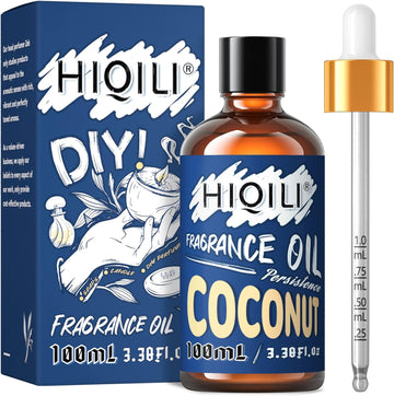 HIQILI Coconut Fragrance Oil 100ml, Essential Oil for Diffuser Candle Making Soap Slime, Scented Oil for Car Freshies Soy Candles, Home Aromatherapy 3.38 Fl Oz, Christmas Gifts for Women Men
