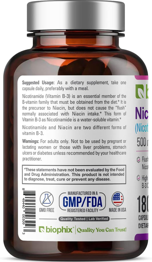 biophix B-3 Nicotinamide 500 mg 180 Caps - Nicotinic Amide Niacin Natural Flush-Free Vitamin Formula - Supports Skin Cell Health