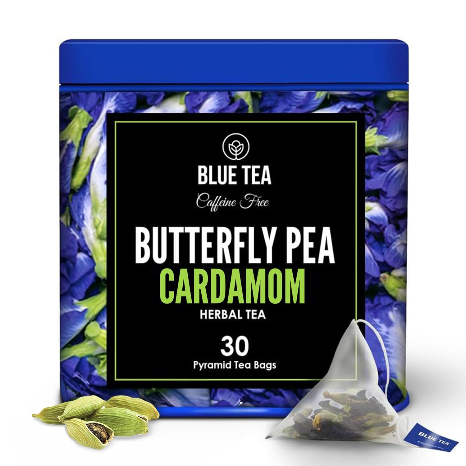 Blue Tea - Butterfly Pea Flower Tea - Cardamom - 30 Count - Plant Based Tea Bags | Detox Tea | Herbal Tea - Caffeine Free - Flower Based - Vegan - Non-Bitter - Non-Gmo- Natural Ingredients | Tin Pack