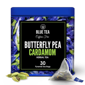 Blue Tea - Butterfly Pea Flower Tea - Cardamom - 30 Count - Plant Based Tea Bags | Detox Tea | Herbal Tea - Caffeine Free - Flower Based - Vegan - Non-Bitter - Non-Gmo- Natural Ingredients | Tin Pack