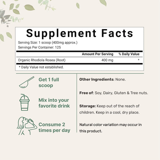 Micro Ingredients Organic Rhodiola Rosea Root Extract, 50G Powder | Adaptogenic Herb Based Supplement With Active Rosavins & Salidrosides | Supports Energy & Relaxation | No Gmos, Filler Free