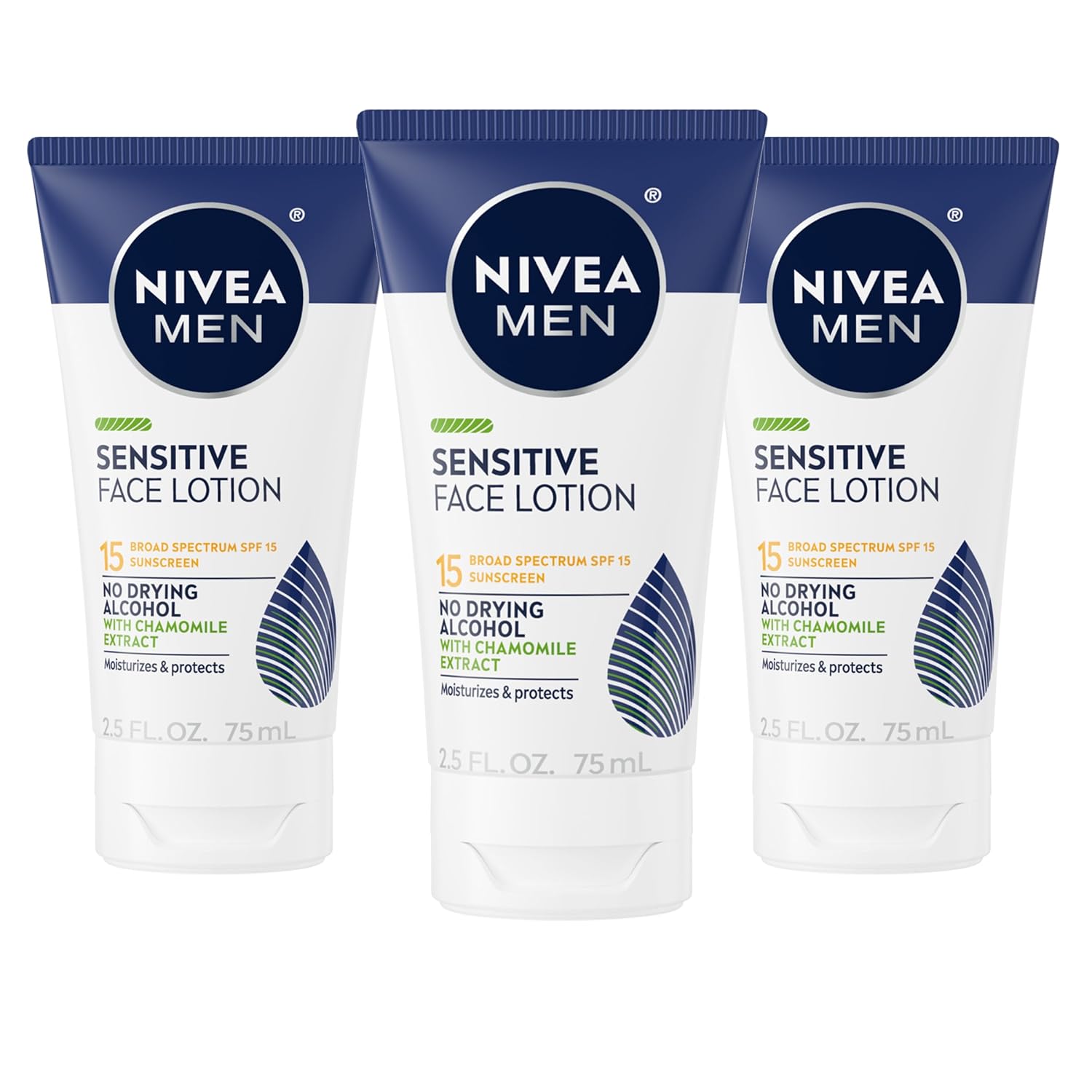 Nivea Men Sensitive Face Lotion With Broad Spectrum Spf 15 Sunscreen, No Dyes Or Drying Alcohol, Moisturizes And Protects, 3 Pack Of 2.5 Fl Oz Tubes