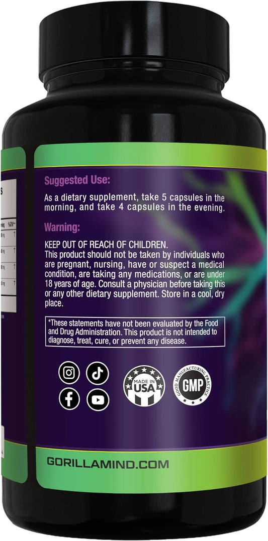Gorilla Shroom Nootropic Mushroom Supplement (6700mg) - 270 Capsules / Lion?s Mane, Cordyceps, Reishi, Maitake / Increased Energy / Improved Immune Modulation / Enhanced Cognitive Functioning