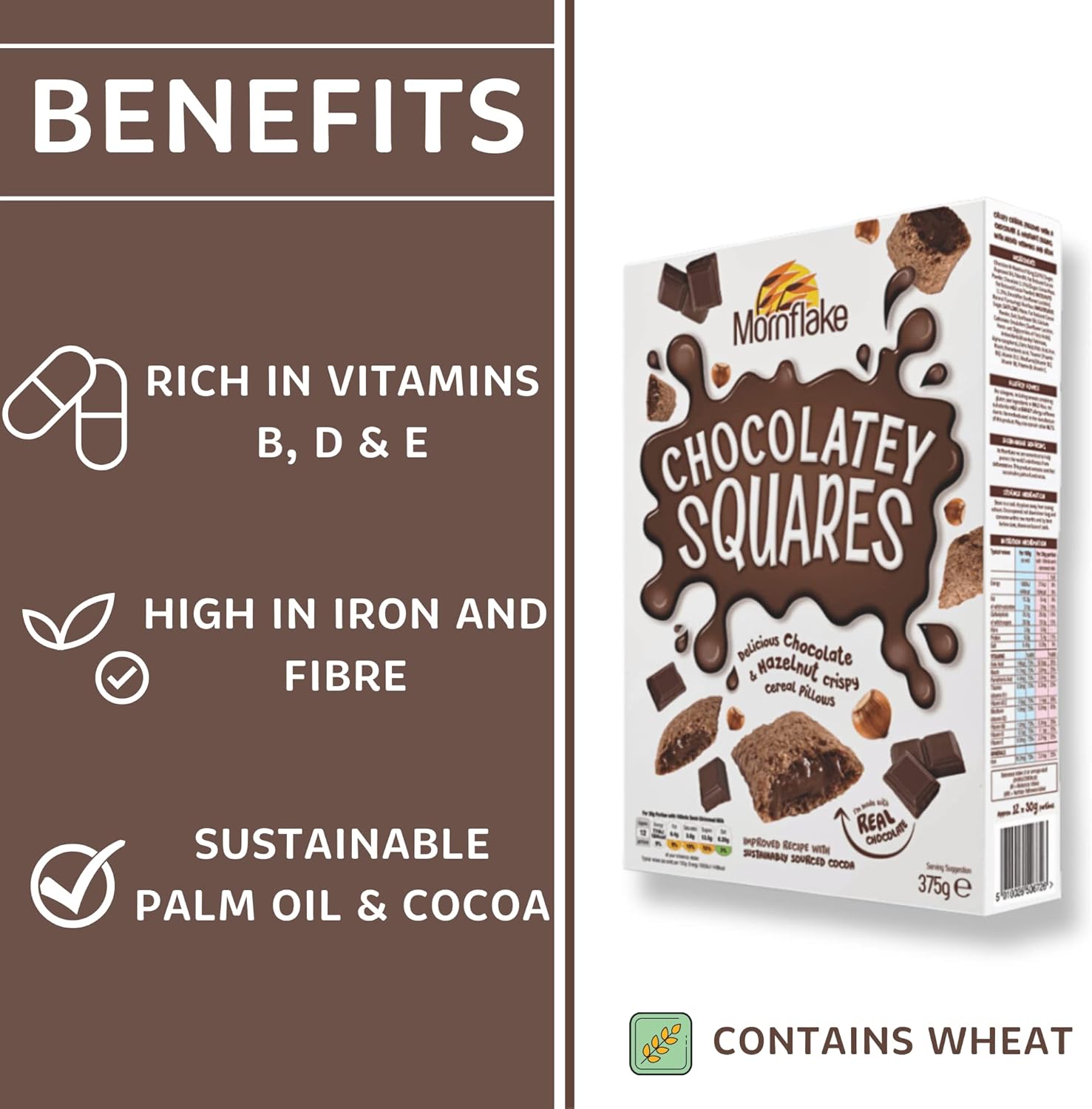 Mornflake - Chocolatey Squares Breakfast Cereal, Multipack of 12x 375g Vegan Vegetarian Chocolate Cereal. Wheat Pillows Filled With Chocolate Cocoa and Hazelnut Filling For The Whole Family : Amazon.co.uk: Grocery