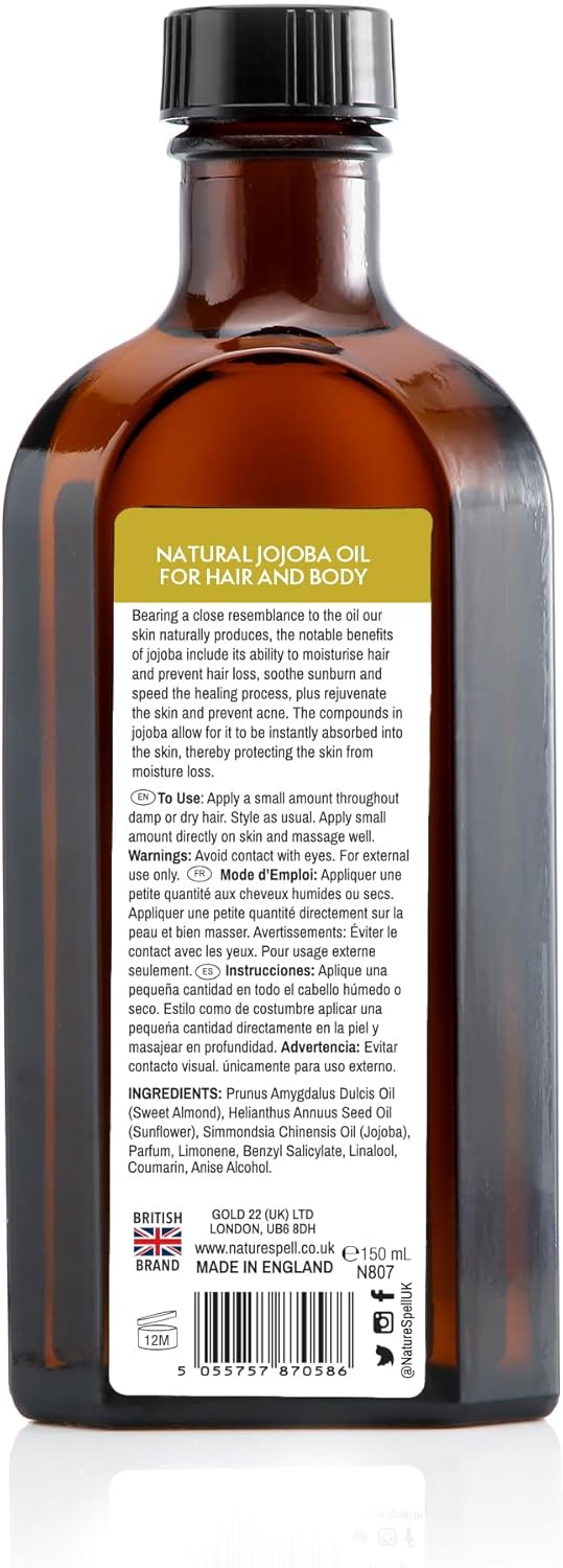 Nature Spell Jojoba Oil For Hair & Skin 150Ml – Hair Oil For Dry Damaged Hair - Targets Hair Loss, Acne & Treats Scarring - Suitable All Hair & Skin Types