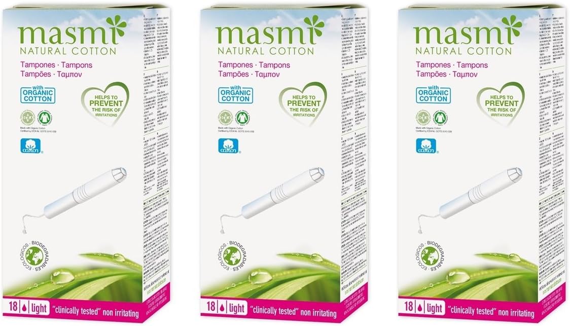 Masmi Light Applicator Tampons Organic Cotton, Plastic Free, 100% Biodegradable, Perfume, Hypoallergenic, Chlorine And Dioxin Free (Three Boxes Of 16)