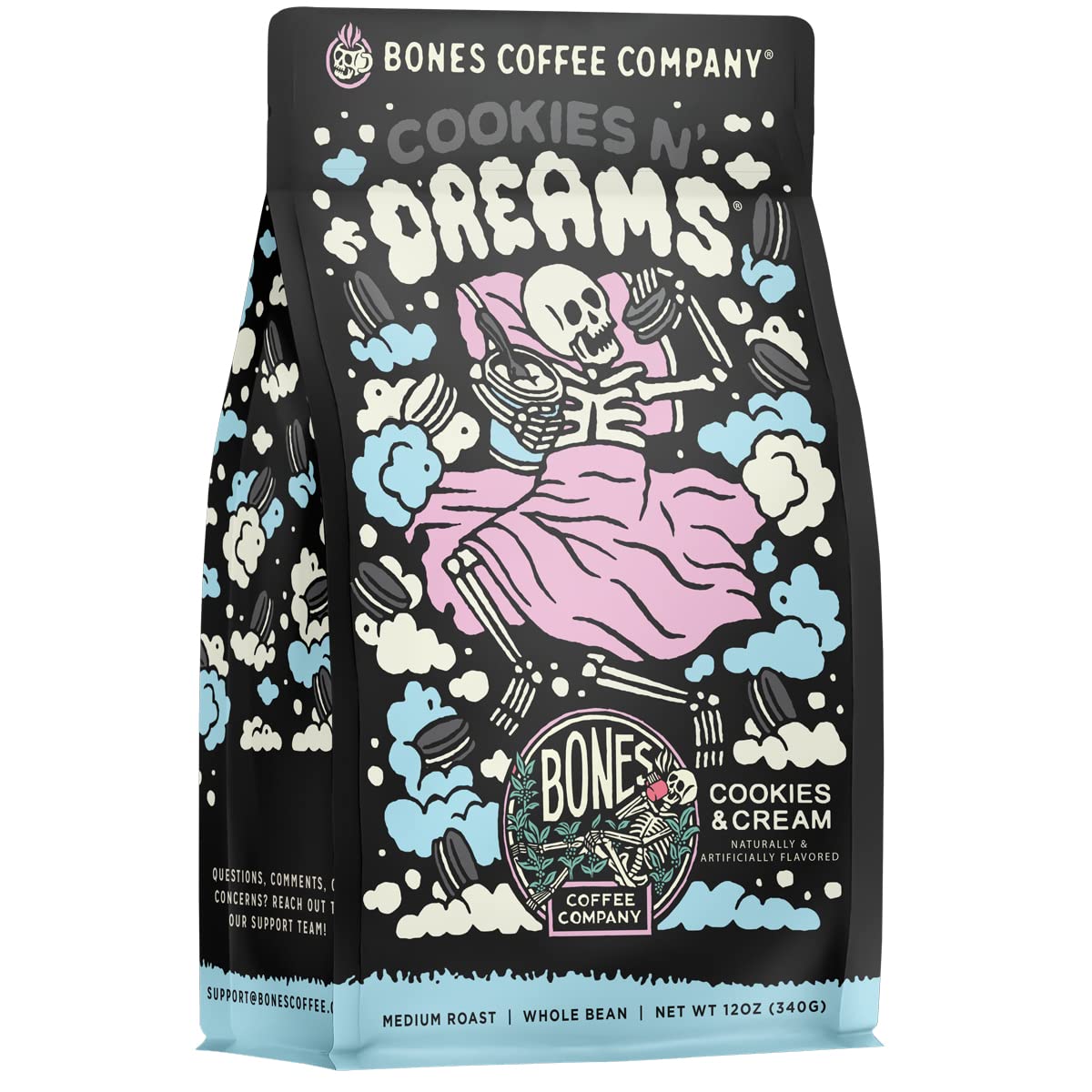 Bones Coffee Company Cookies 'N Dreams Flavored Coffee Beans & Ground Coffee Cookies & Cream Flavor | 12 oz Medium Roast Arabica Low Acid Coffee | Gourmet Coffee (Whole Bean)