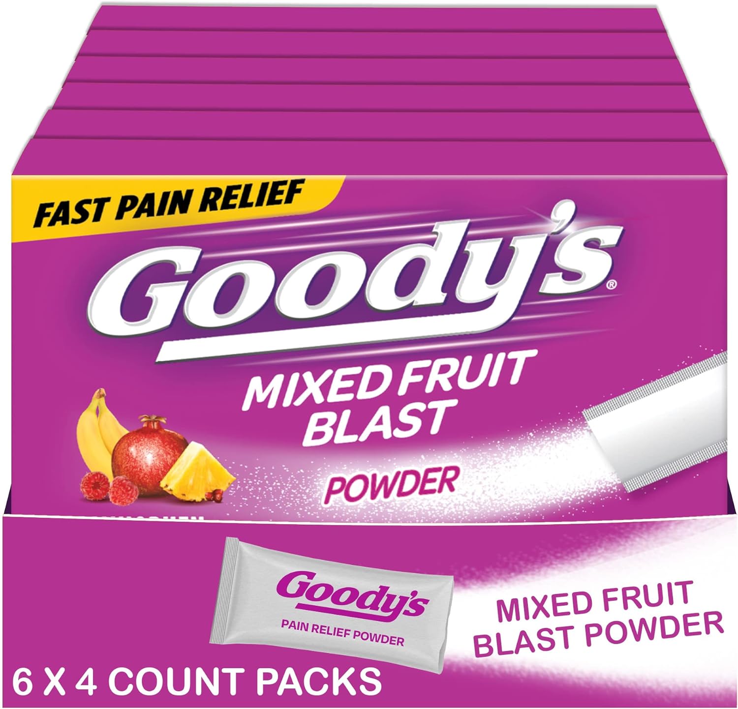 Goody's Extra Strength Headache Powder, Mixed Fruit Blast Flavor Dissolve Packs, 4 Individual Packets, 6 Pack