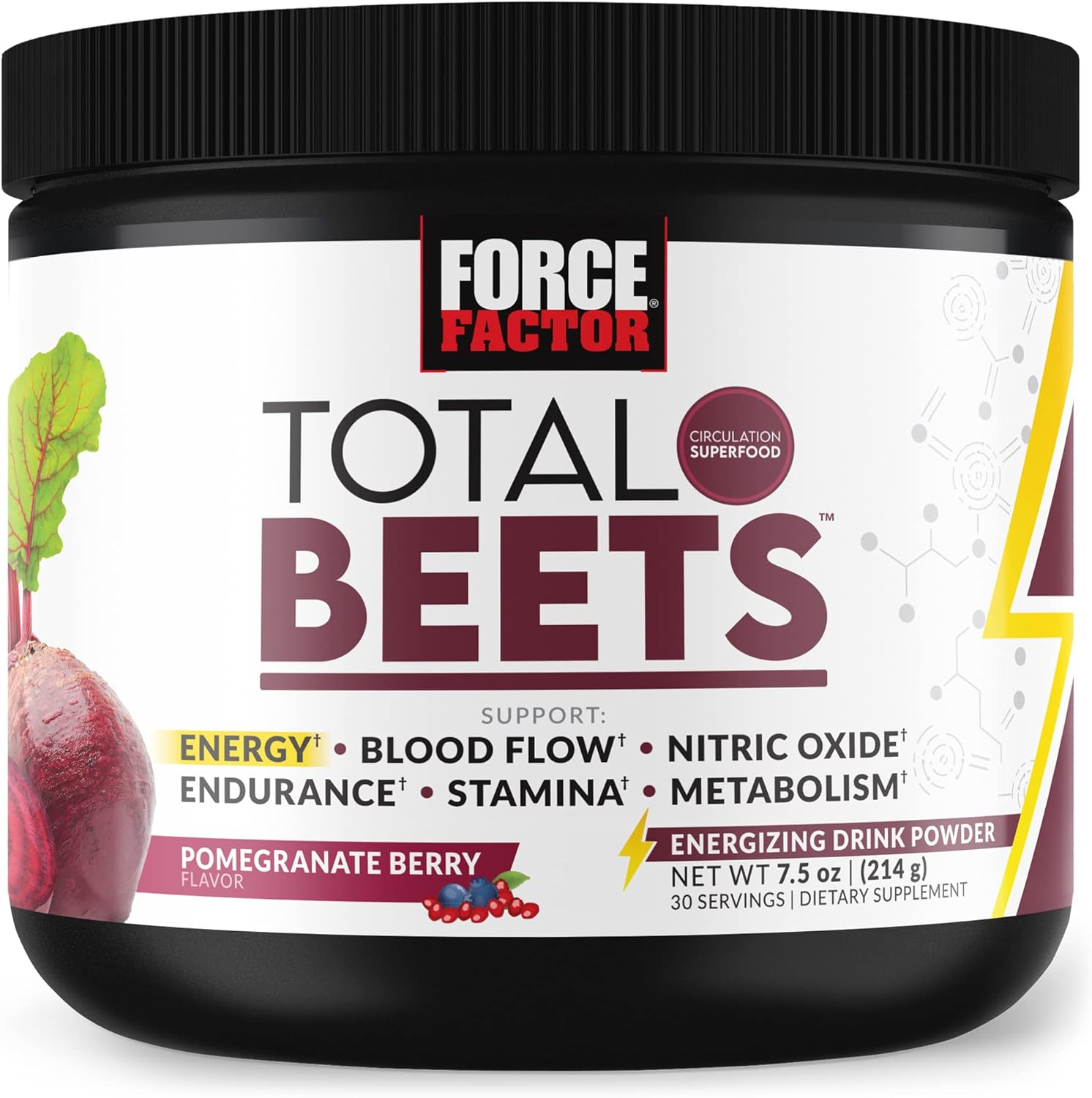 Force Factor Total Beets Energy Drink Mix, Superfood Beet Root Powder with Nitrates to Boost Energy and Support Circulation, Blood Flow, Nitric Oxide and Stamina, Heart Health Supplement, 30 Servings