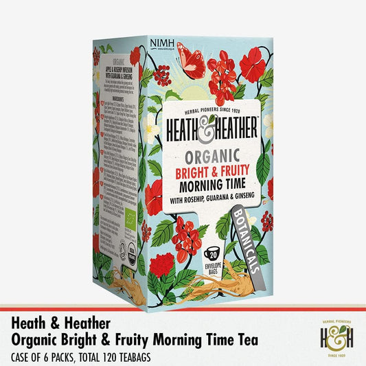 Heath & Heather Organic Morning Time Tea Bags | Individually Wrapped Herbal Tea Infusions With Ginseng, Guarana, Rosehip, Spearmint & Lemongrass | 6 Packs Of 20, Total 120 Teabags