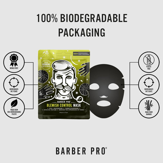 Barber Pro Blemish Control Mens Face Mask Bamboo Sheet Facial Hydration Prevent Breakouts & Improve Skin Texture Cica & Niacinamide Natural Vegan Skincare 100% Biodegradable Multi Award Winning Brand
