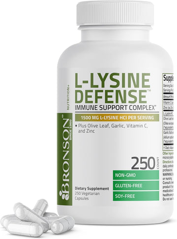 Bronson L-Lysine Defense Immune Support Complex 1500 Mg L-Lysine Plus Olive Leaf, Garlic, Vitamin C And Zinc - Non-Gmo, 250 Vegetarian Capsules