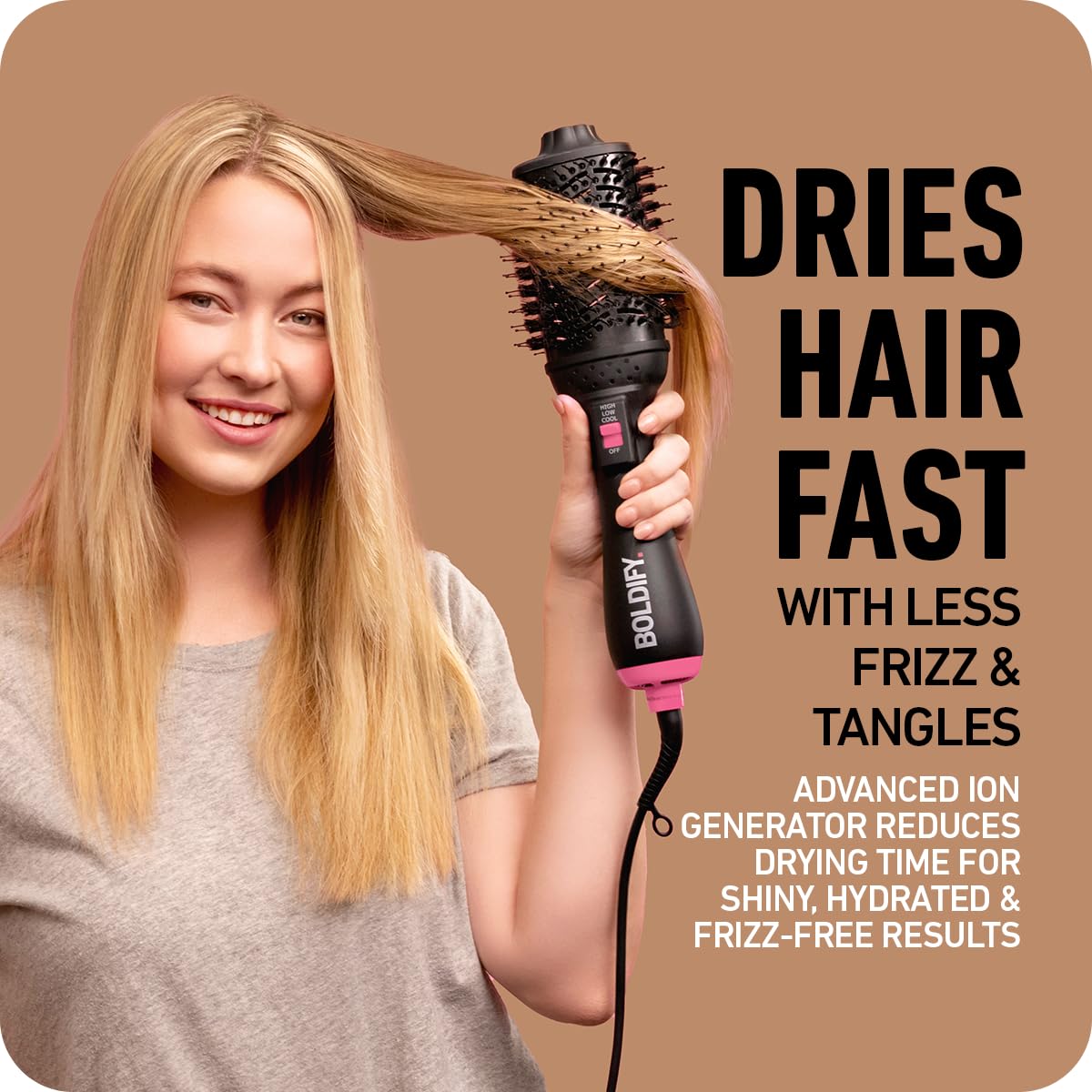 BOLDIFY Professional Blow Dry Brush - for Silky Shiny Curls, Waves, or Straightener - BoarCraft™ Charcoal Infused Hair Dryer Brush w/Volumtech™, Anti Frizz Advanced ION Generator Technology : Beauty & Personal Care