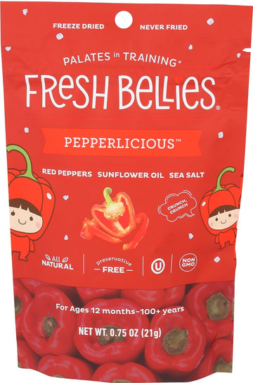 Fresh Bellies Vegan Healthy Snacks for Kids and Toddlers, Kid Snacks with No Added Sugar, Gluten Free Snacks, Freeze Dried Baby Snacks 12m+, Paleo Friendly, Non GMO, Kosher, Pepperlicious, 1 pack