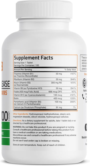 Bronson Super B Vitamin B Complex Sustained Slow Release (Vitamin B1, B2, B3, B6, B9 - Folic Acid, B12) Contains All B Vitamins 100 Tablets