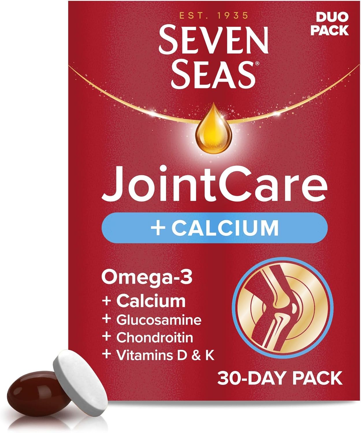 Seven Seas Jointcare + Calcium, With Omega-3, Glucosamine, Chondroitin, Vitamins C And D, Manganese And Zinc, Food Supplements, 30-Day Pack