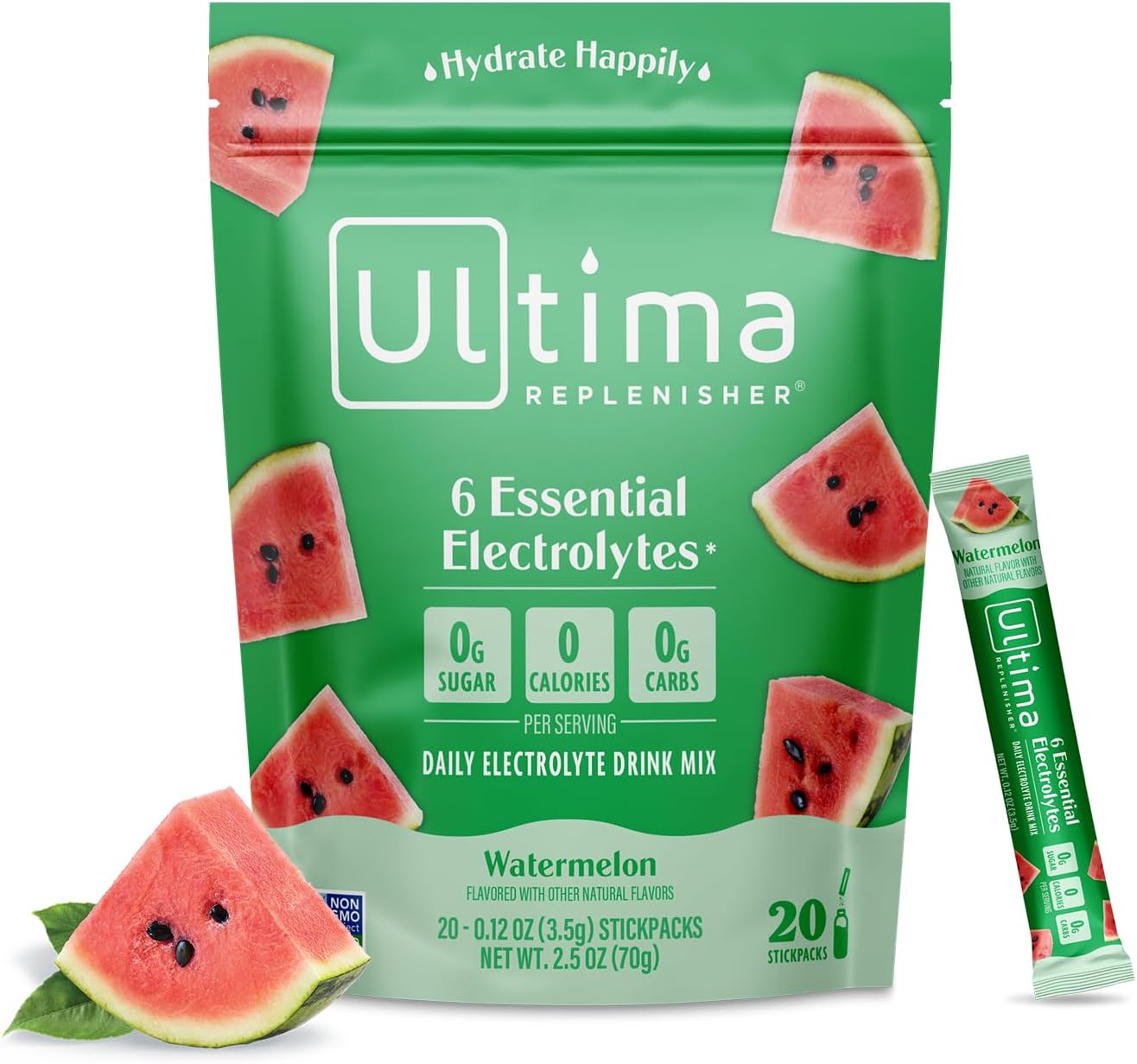 Ultima Replenisher Daily Electrolyte Drink Mix – Watermelon, 20 Stickpacks – Hydration Packets With 6 Electrolytes & Trace Minerals – Keto Friendly, Vegan, Non-Gmo & Sugar-Free Electrolyte Powder