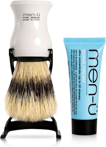 Men-Ü Barbiere Pure Bristle Shaving Brush (White) – Traditional Shaving Brush Set From Italy With Pure Bristles. A Great Introductory Shaving Brush. Includes 15Ml Shave Cream Tube