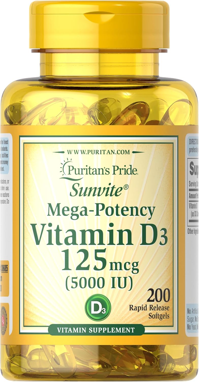 Puritans Pride Vitamin D3 5,000 IU Bolsters Immunity for Immune System Support and Healthy Bones and Teeth Softgels, Packaging May Vary, Unavored, 200 Count