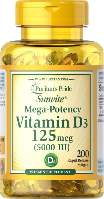 Puritans Pride Vitamin D3 5,000 IU Bolsters Immunity for Immune System Support and Healthy Bones and Teeth Softgels, Packaging May Vary, Unavored, 200 Count