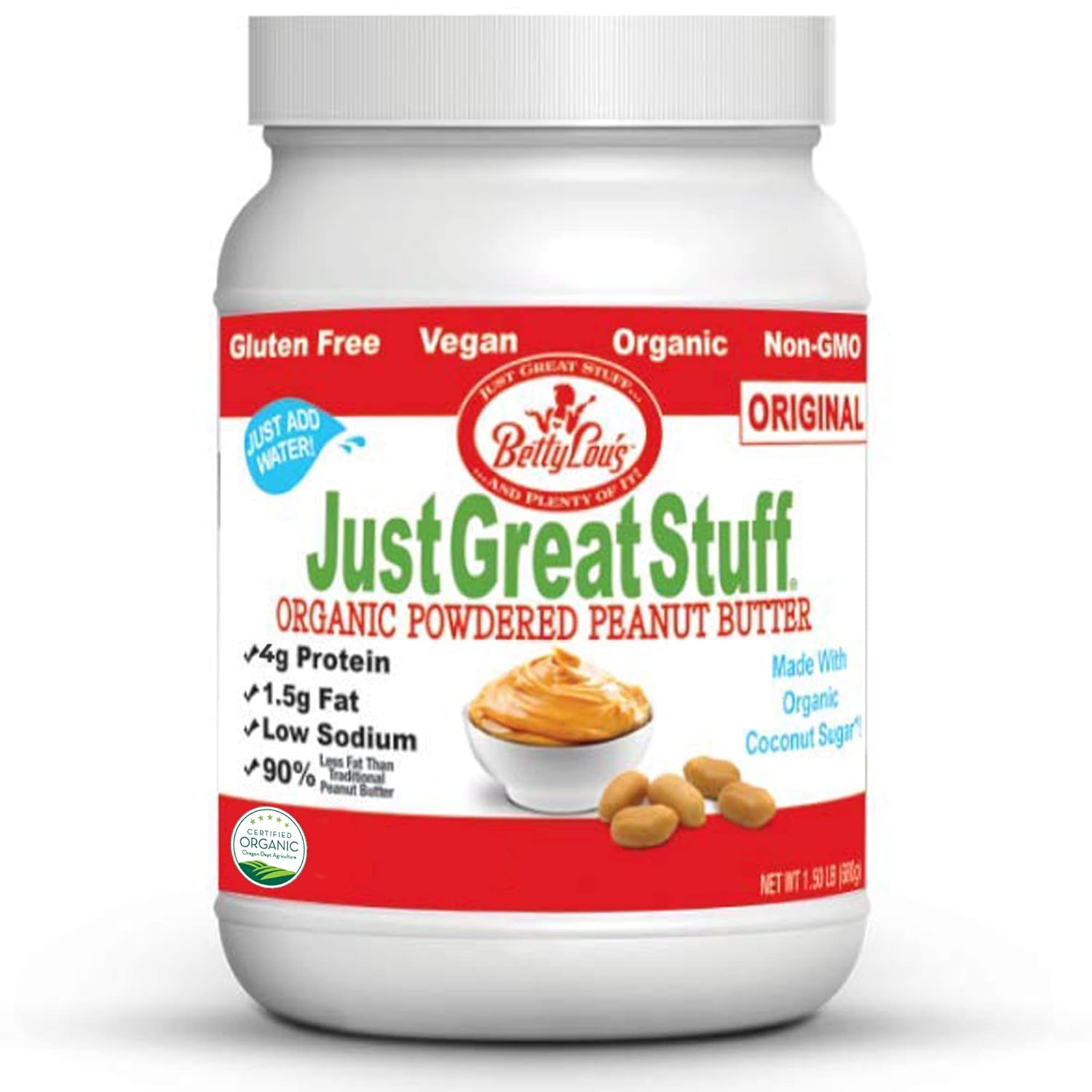Betty Lou'S 100% Organic Powdered Peanut Butter, Gluten Free, Vegan, Low Calorie, All Natural, High Protein, Deliciously Healthy, Just Add Water (6.35 Oz)