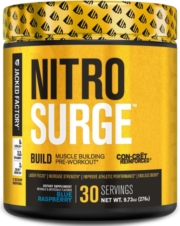 Jacked Factory Nitrosurge Build Pre Workout With Creatine For Muscle Building - Con Cret Creatine Powder & Elevatp For Intense Energy, Powerful Pump, & Endless Endurance - 30 Servings, Blue Raspberry