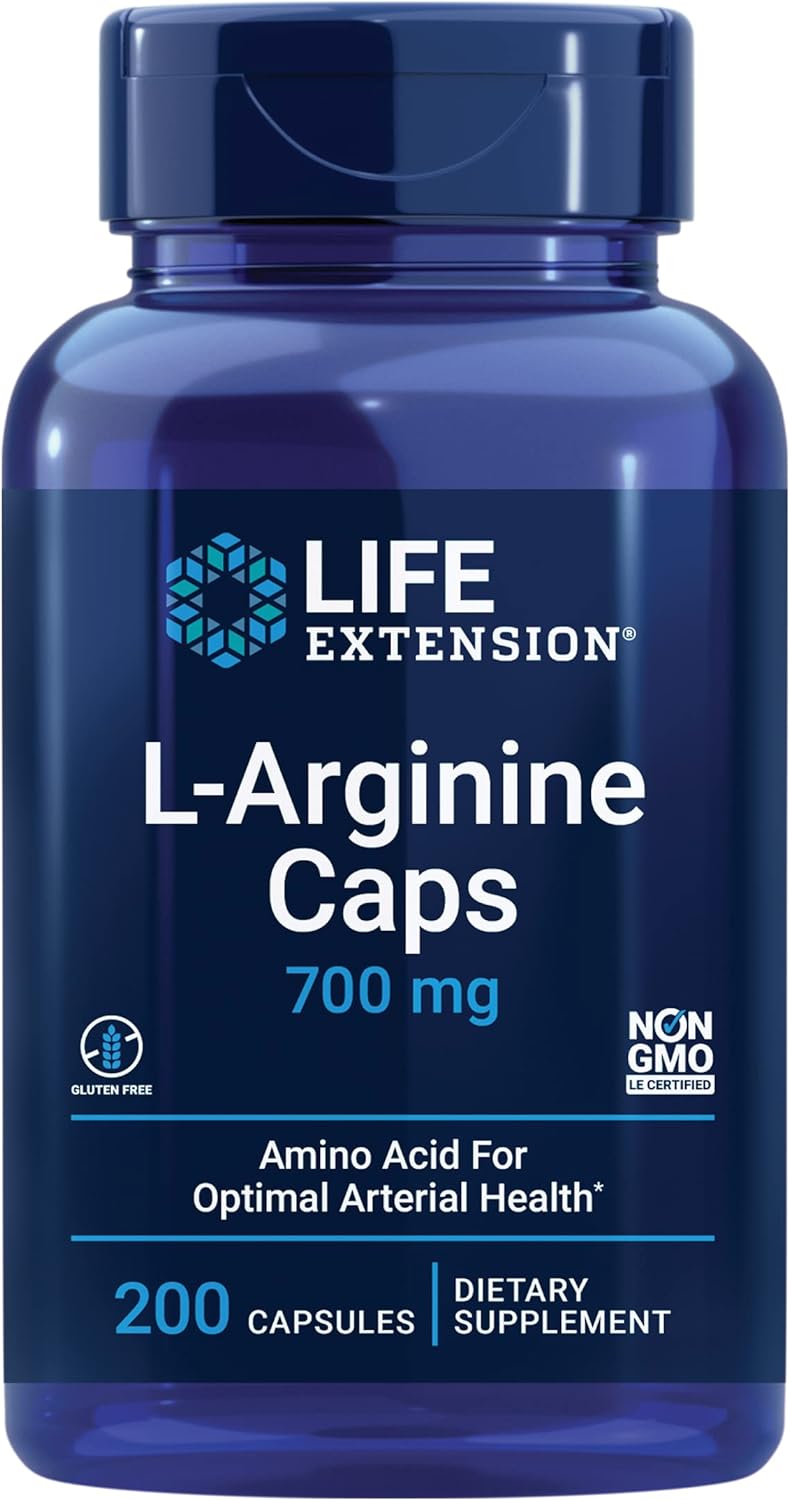 Life Extension L-Arginine Caps, 700 Mg, Vitamin C & Amino Acid For Optimal Arterial Health, Supports Heart & Immune Health, Healthy Tissue & Bones, Gluten Free, Non-Gmo, 200 Capsules