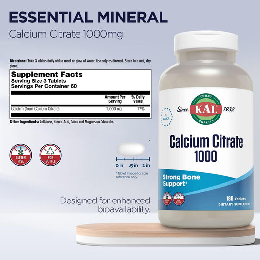 Kal Calcium Citrate 1000Mg, Calcium Supplements For Women And Men, Bone Health, Teeth, Nervous, Muscular & Cardiovascular System Support, Gluten Free And Lab Verified, 60 Servings, 180 Tablets