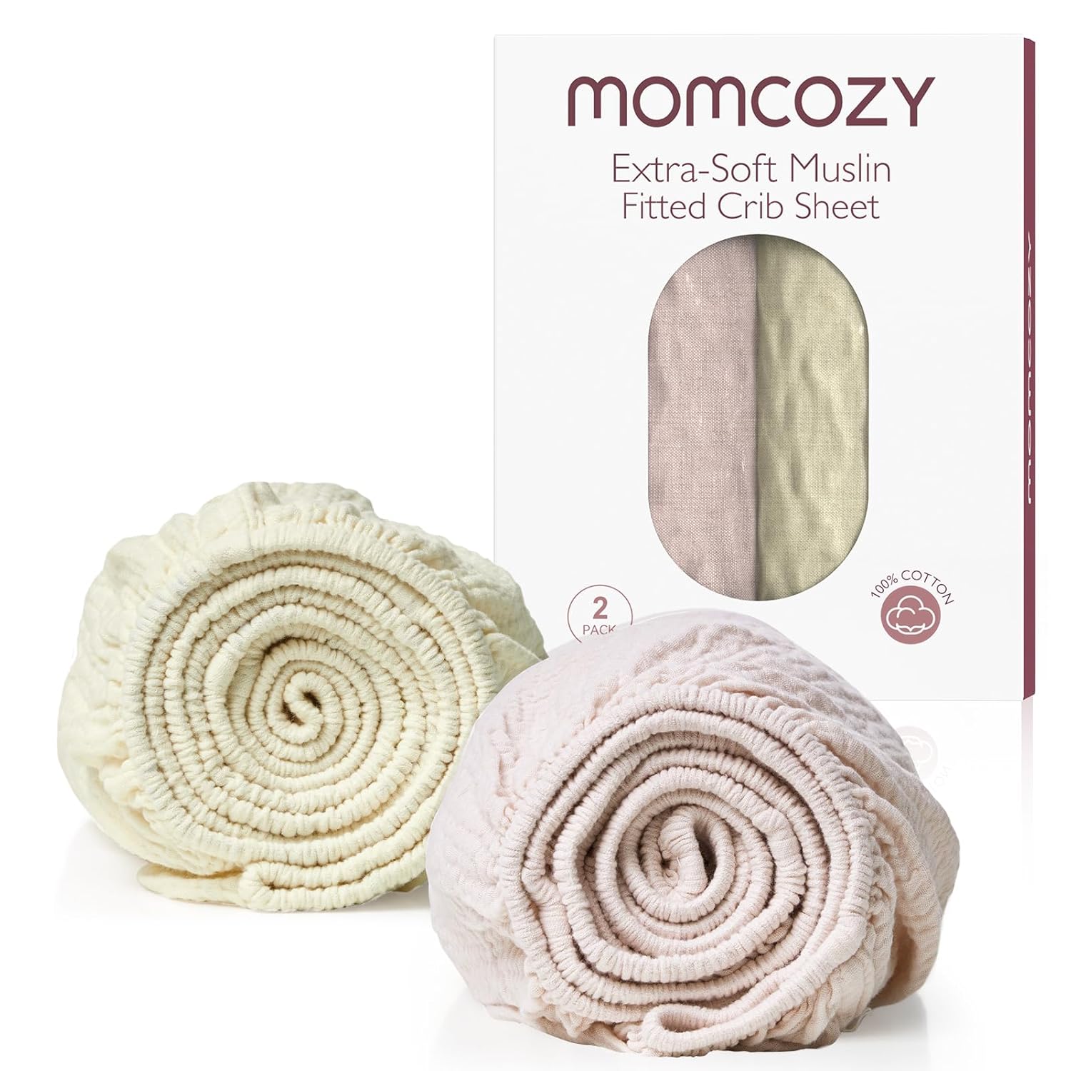 Momcozy Muslin Standard Fitted Crib Sheets, 52"X28", 2 Pack Soft Breathable Natural Cotton Baby Mattress Sheet, 360° Mattress Wrapping No Slip Boys Girls Neutral Toddler Bed Sheet, Blush Cream Beige