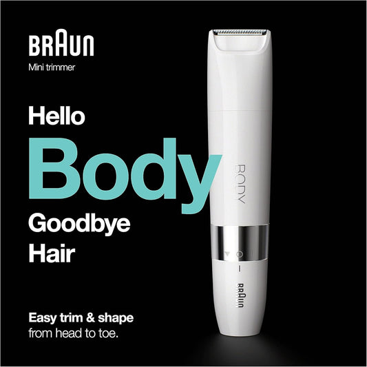 Braun Body Mini Trimmer, Gentle Body Hair Removal, Precision Trimmer, Wet & Dry, 100% Waterproof, Bs1000, White