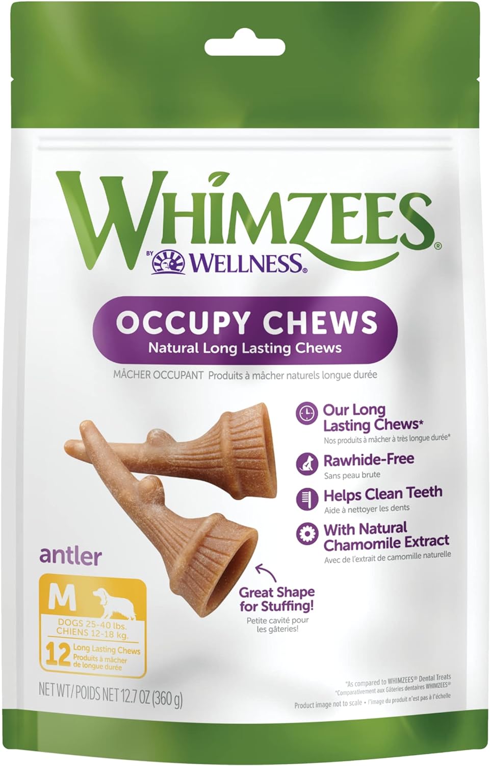 Whimzees By Wellness Occupy Antler Natural Dental Chews For Dogs, Long Lasting Treats, Grain-Free, Freshens Breath, Medium Breed, 12 Count