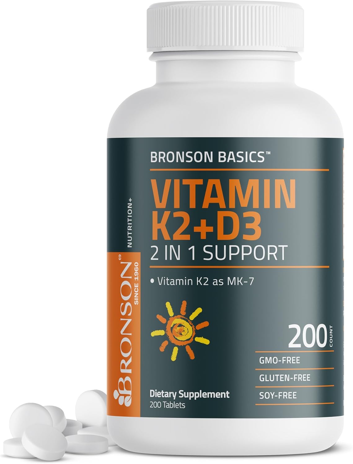 Bronson Vitamin K2 D3 (Mk7) Supplement Non-Gmo Formula Vitamin D3 5000Iu (125 Mcg) & 90 Mcg K2 Mk-7, Easy To Swallow D & K Complex, 200 Tablets