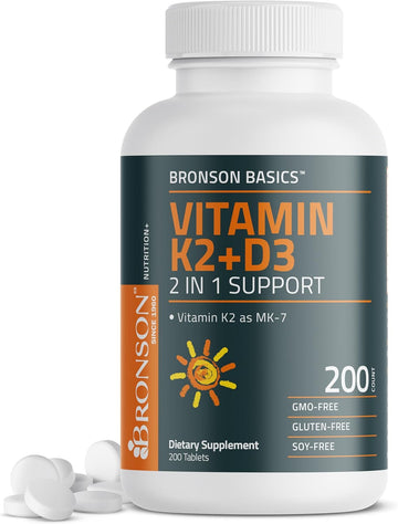 Bronson Vitamin K2 D3 (Mk7) Supplement Non-Gmo Formula Vitamin D3 5000Iu (125 Mcg) & 90 Mcg K2 Mk-7, Easy To Swallow D & K Complex, 200 Tablets