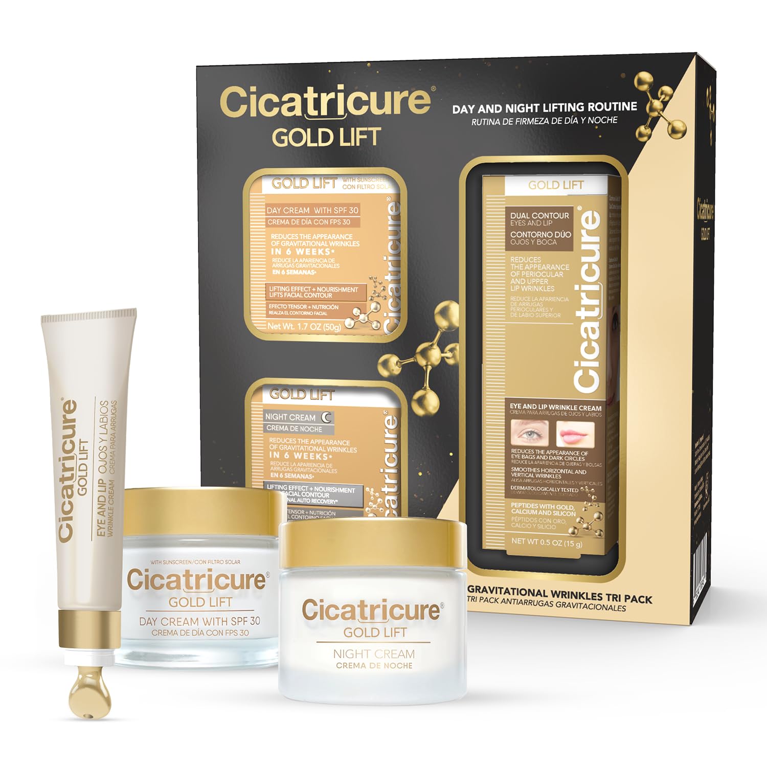 Cicatricure Gold Lift Anti Gravitational Wrinkles Skin Care Gift Set With Day Anti-Wrinkle Cream + Spf 30 , Night Anti-Wrinkle Cream & Dual Contour Eye And Lip Wrinkle Cream, 3 Piece Set