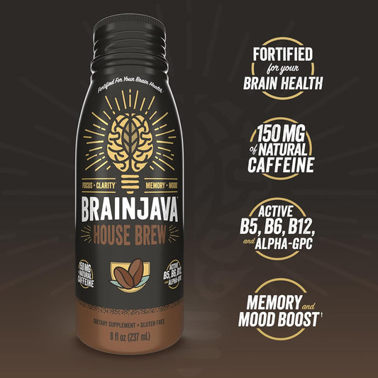 Brainjava House Brew Ready To Drink Coffee, 4 Pack, Black Fair Trade Arabica Coffee With 150Mg Caffeine, L-Theanine, Potassium, B Vitamins, For Focus, Clarity, Gluten Free, Vegan, 8 Fl Oz Bottles