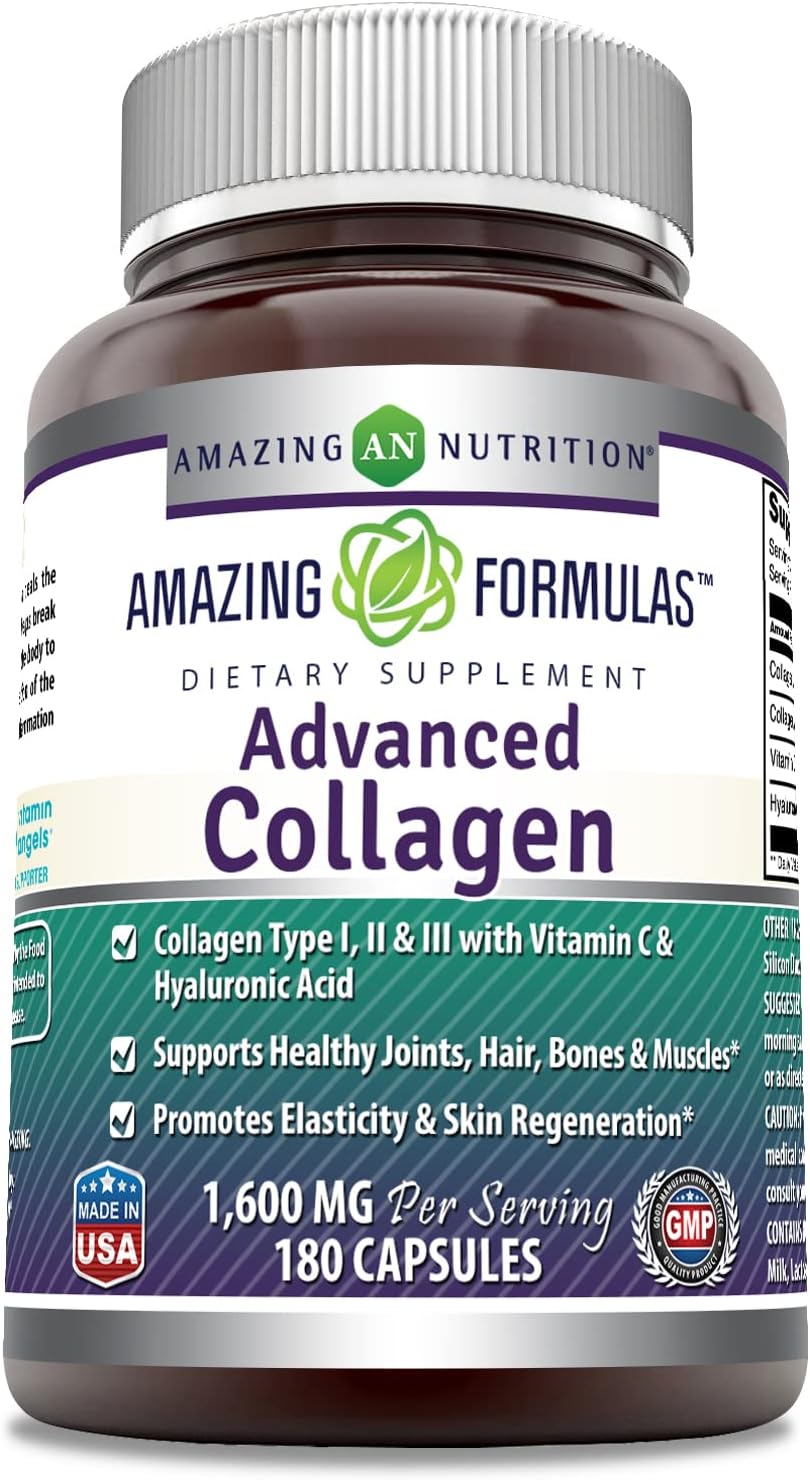 Amazing Formulas Advanced Collagen 1600mg Per Serving Supplement | Collagen Type I, II & III with Vitamin C & Hyaluronic Acid | 180 Veggie Capsules | Non-GMO | Gluten Free | Made in USA