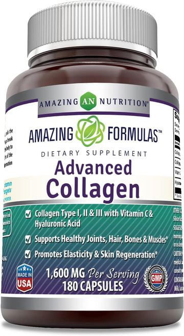 Amazing Formulas Advanced Collagen 1600mg Per Serving Supplement | Collagen Type I, II & III with Vitamin C & Hyaluronic Acid | 180 Veggie Capsules | Non-GMO | Gluten Free | Made in USA