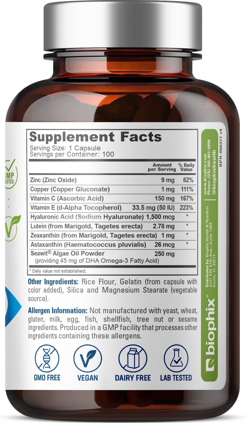 Biophix Retinal Support Maximum Strength Complex Formula 100 Capsules - Zinc Vitamin C E Lutein Dha Omega-3 Astaxanthin Hyaluronic Acid - Supports Eye Vision Health : Health & Household